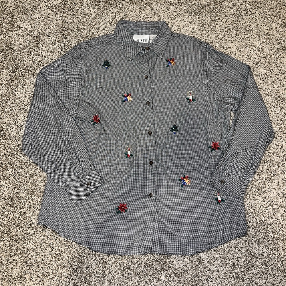 Casey‎ & Max Vintage Christmas Shirt Embroidered Black White Houndstooth XL